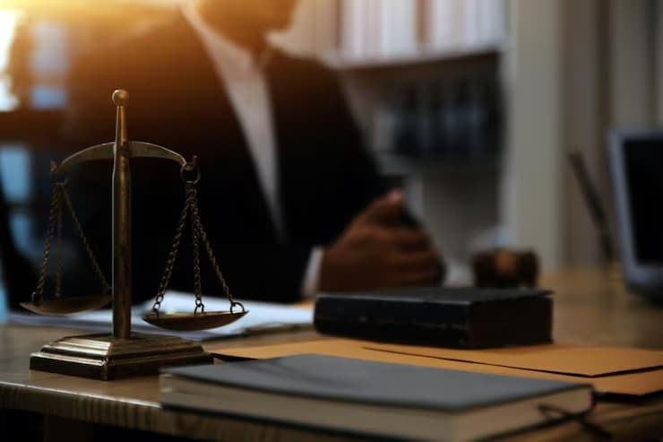 Legal counsel at a desk with scales of justice